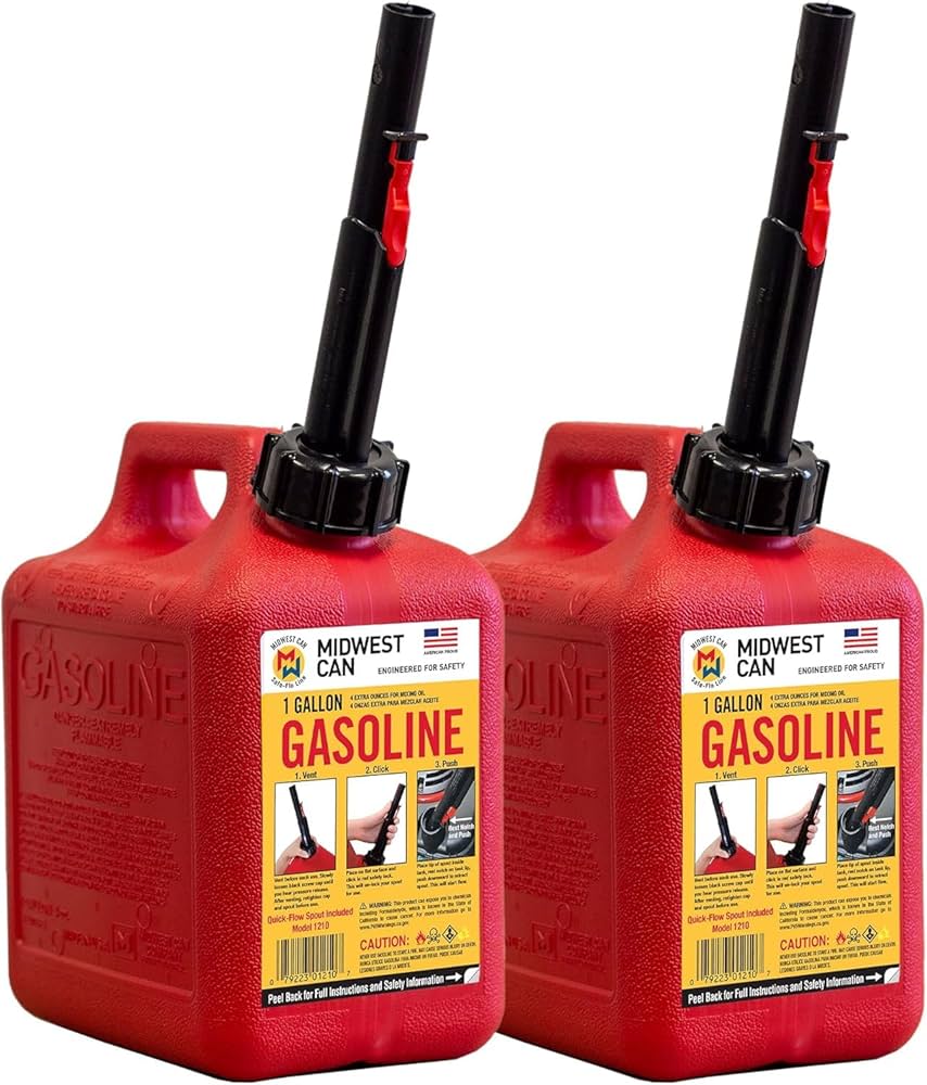 (2 pack) Midwest Can Company, 5 Gallon Capacity Gas Can with Flame Mitigation Device, Red