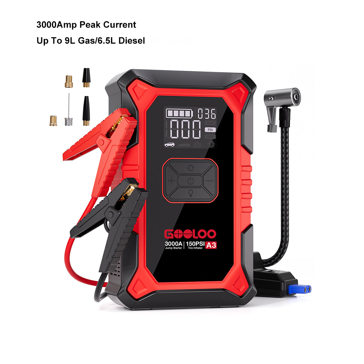 Arrancador de batería GOOLOO A3 con compresor de aire 3000A A3 ROJO + inflador de neumáticos GT160
